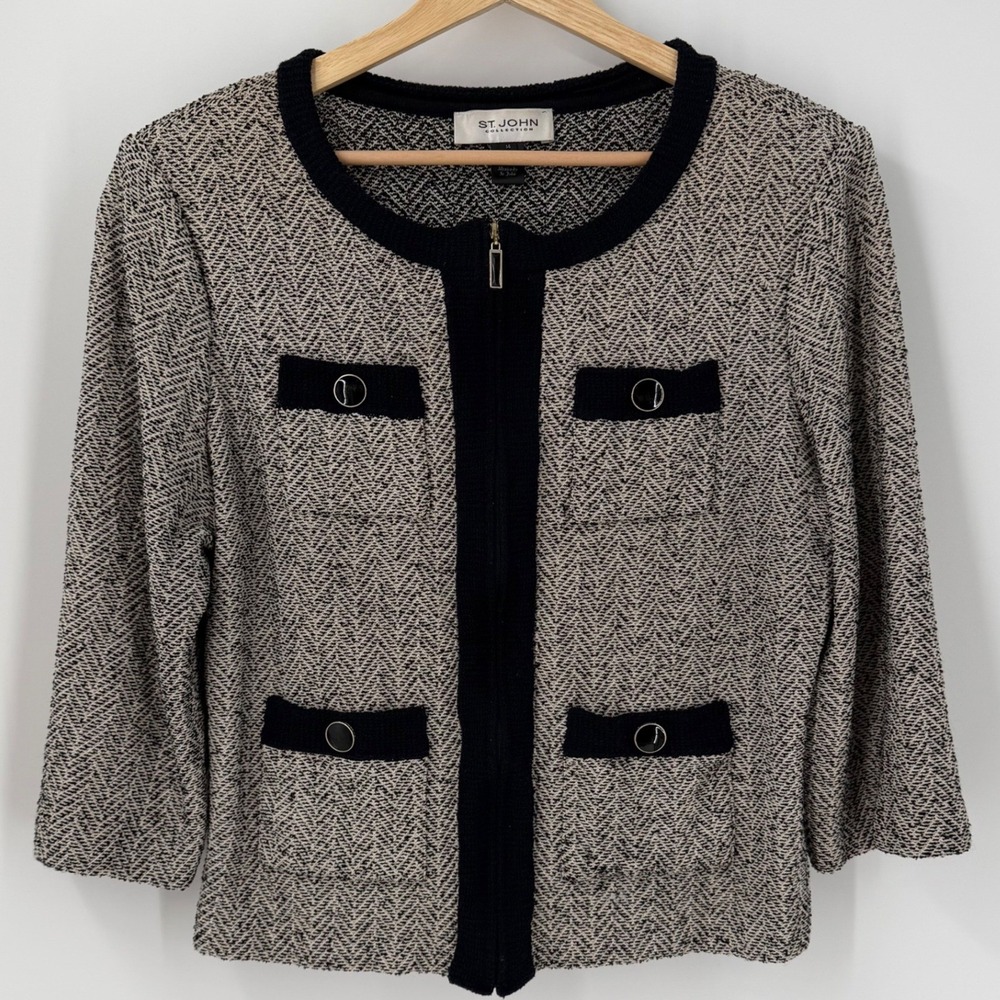 St John Collection Black Cream Chevron Knit Zip Front Jacket Size 14
